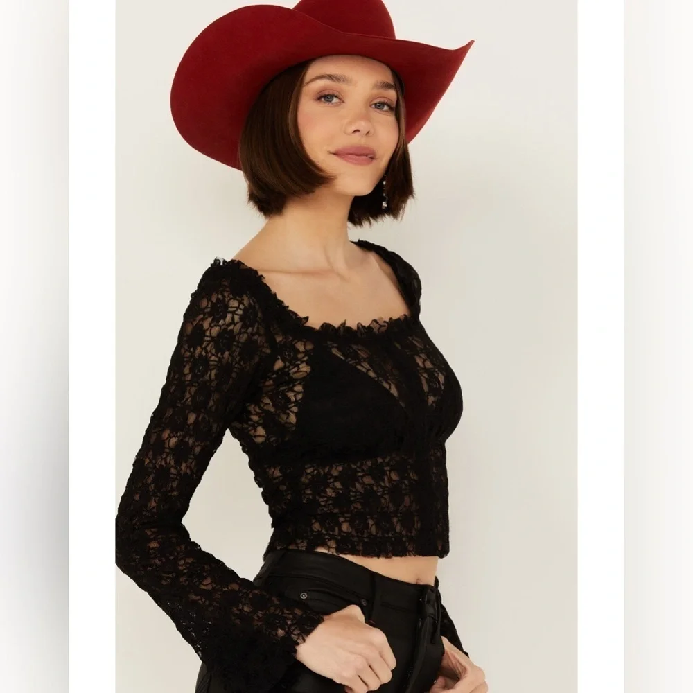 NWT Free People Madison Black Sheer Long Sleeve Top Size Small